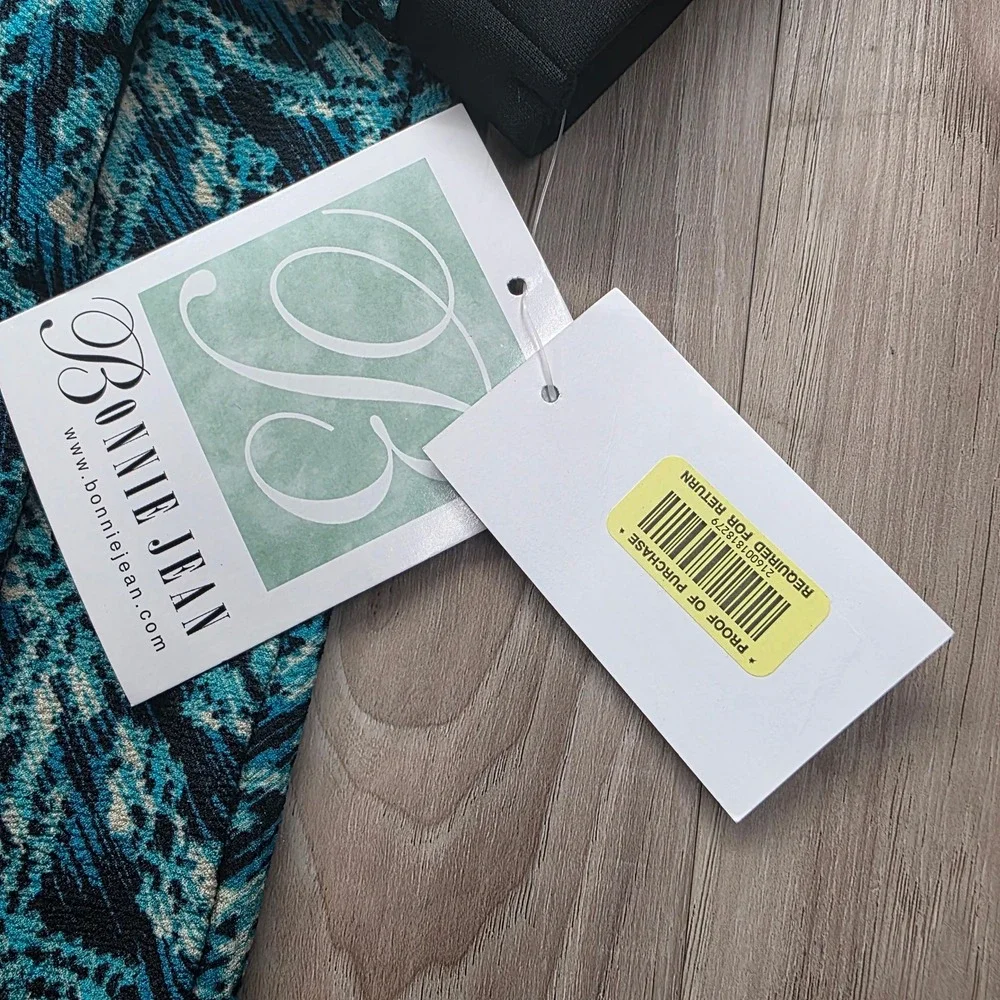 Bonnie Jean‎ Girls Dress Teal Black Geometric  Fit Flare 3/4 Sleeve Size 16 NWT
